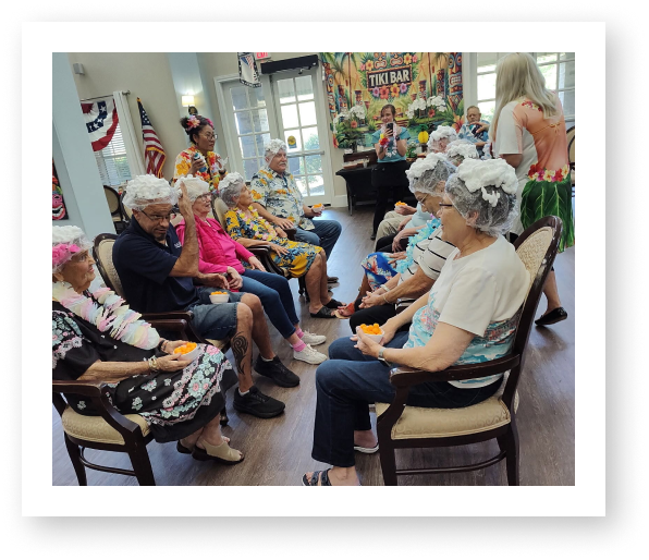 Elderly Residents Enjoying a Themed Social Event and Entertainment in Short-term Senior Care