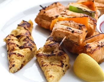 Grilled Protein and Vegetable Skewers Served as Part of Dining at an Independent Living Facility Grilled Protein and Vegetable Skewers Served as Part of Dining at an Independent Living Facility