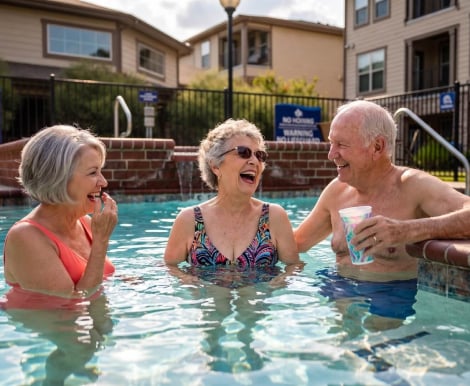 Three Elderly Residents Laughing Together in the Outdoor Pool at an Independent Living Community Three Elderly Residents Laughing Together in the Outdoor Pool at an Independent Living Community